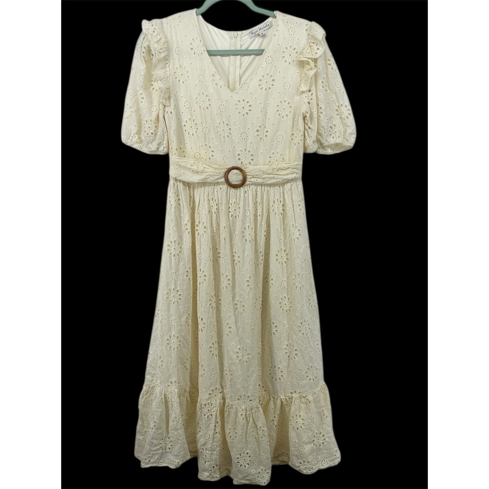 Ryan Michelle Size S / M Coquette Eyelette Ruffle Midi Dress Puff Sleeve Cream